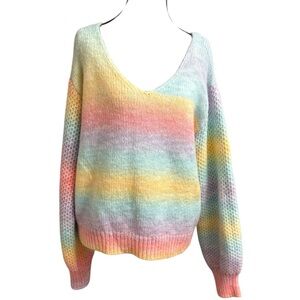 CUPSHE Rainbow Pastel Ombre Chunky Knit Sweater Size M Cozy V-Neck NWOT